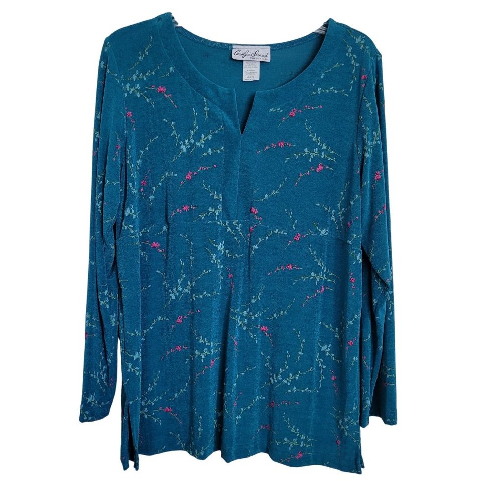 Carolyn Strauss Woman's Teal Floral Long Sleeve Top Stretch Sz Large